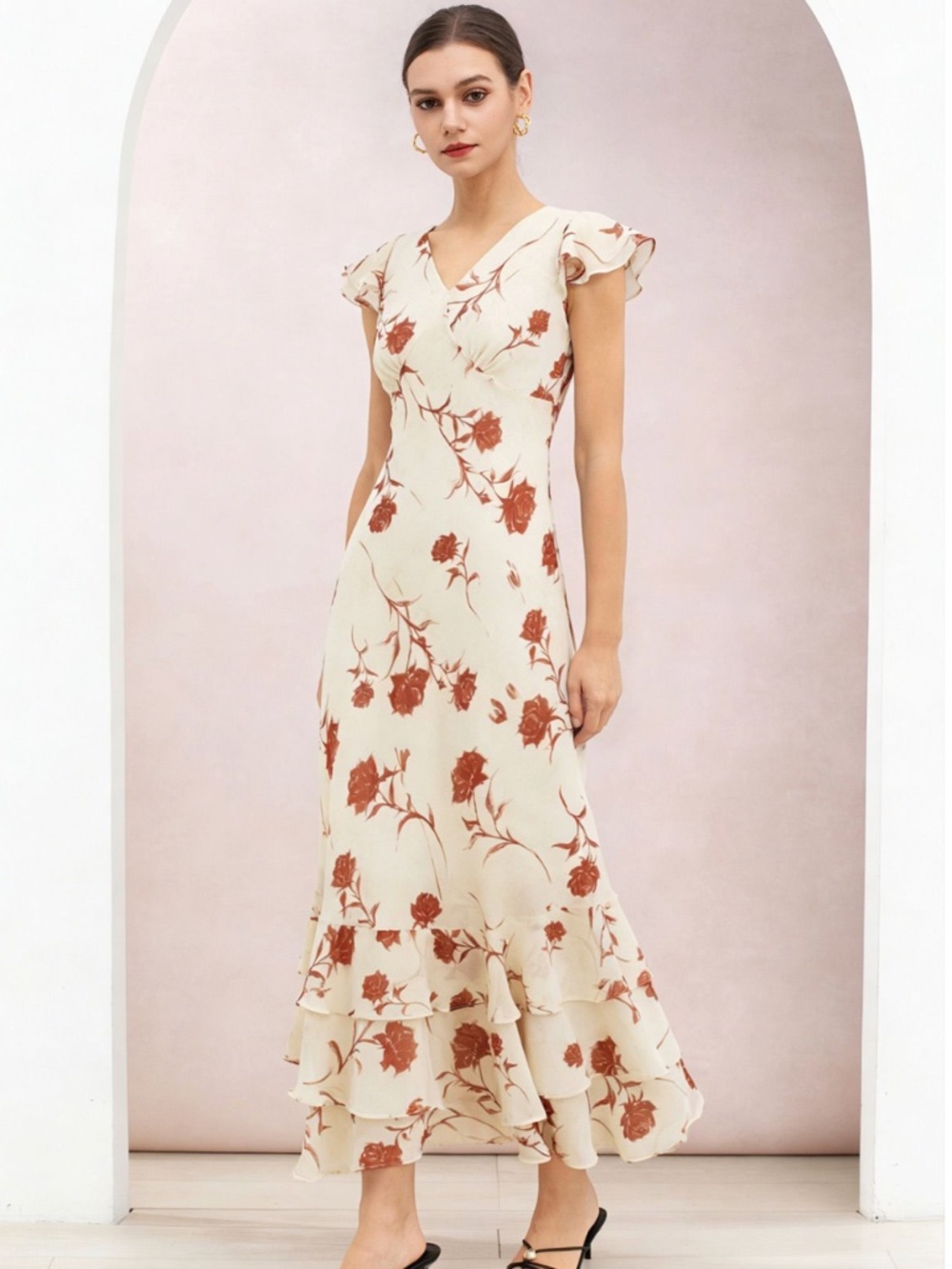 RUST ROSE TIERED RUFFLE TIE-BACK CHIFFON MAXI DRESS (SIZE S/4; BNWT).